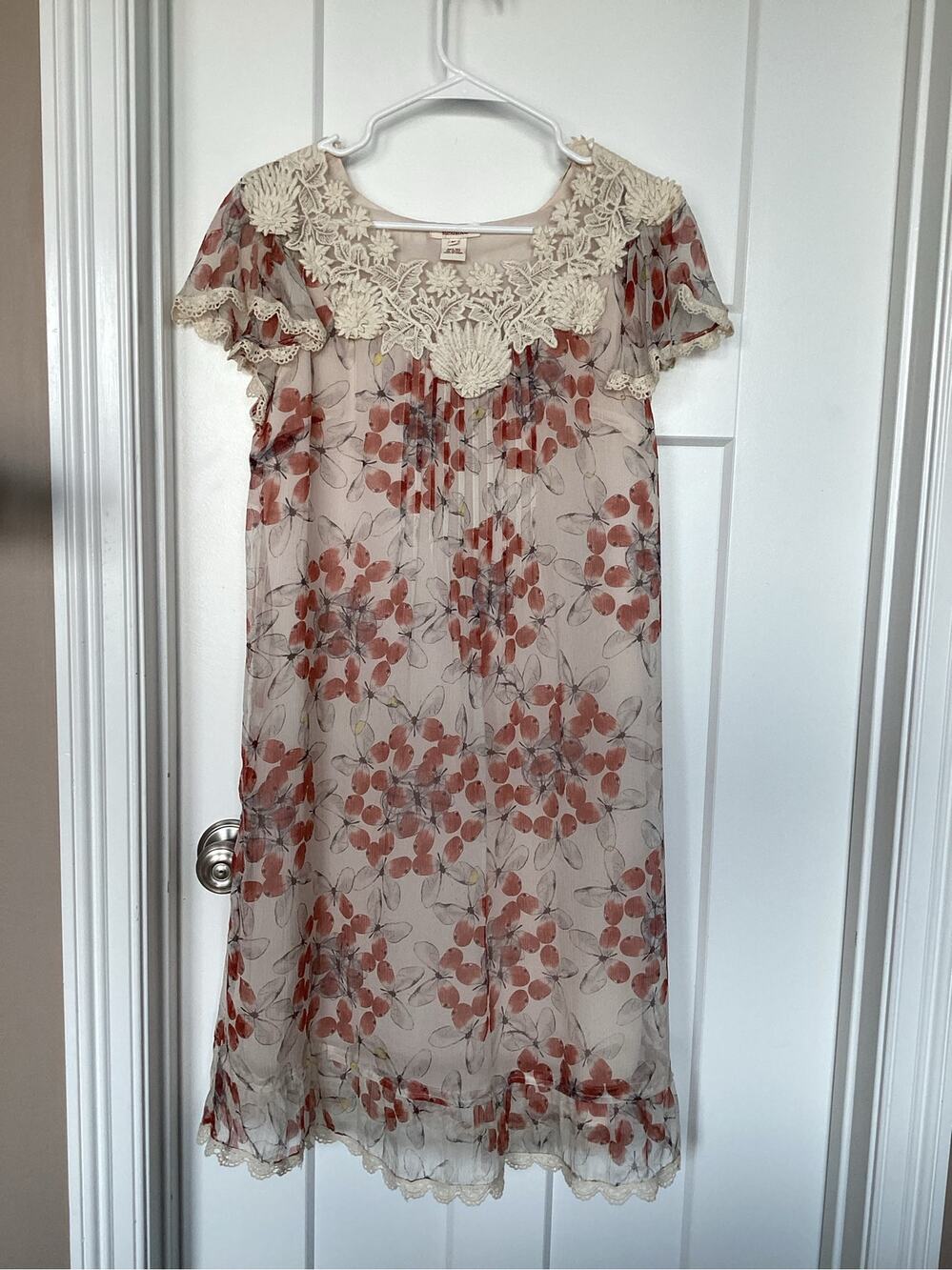 Sundance Silk Floral Scalloped Lace Trim Midi Dress neutral size medium
